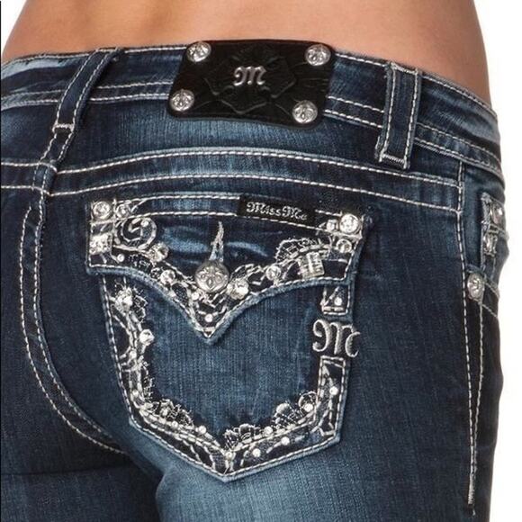 Miss Me Fantasy Border Crystal Rhinestone Embellished Bootcut Jeans sz 27 - Picture 1 of 15